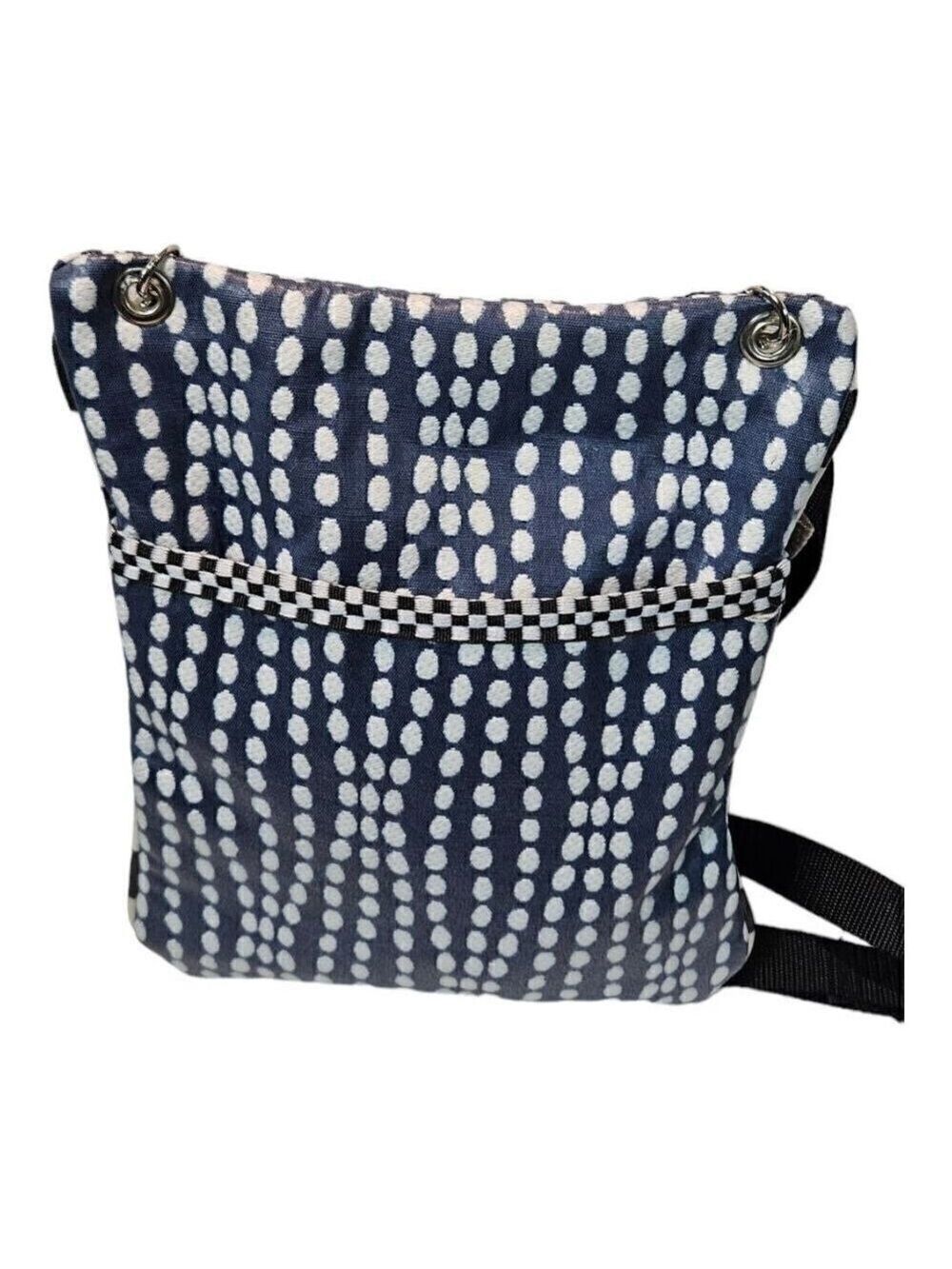 Womens Navy Blue White Wavy Dots Double Zip Bohemian Crossbody Satchel Bag - Picture 3 of 13